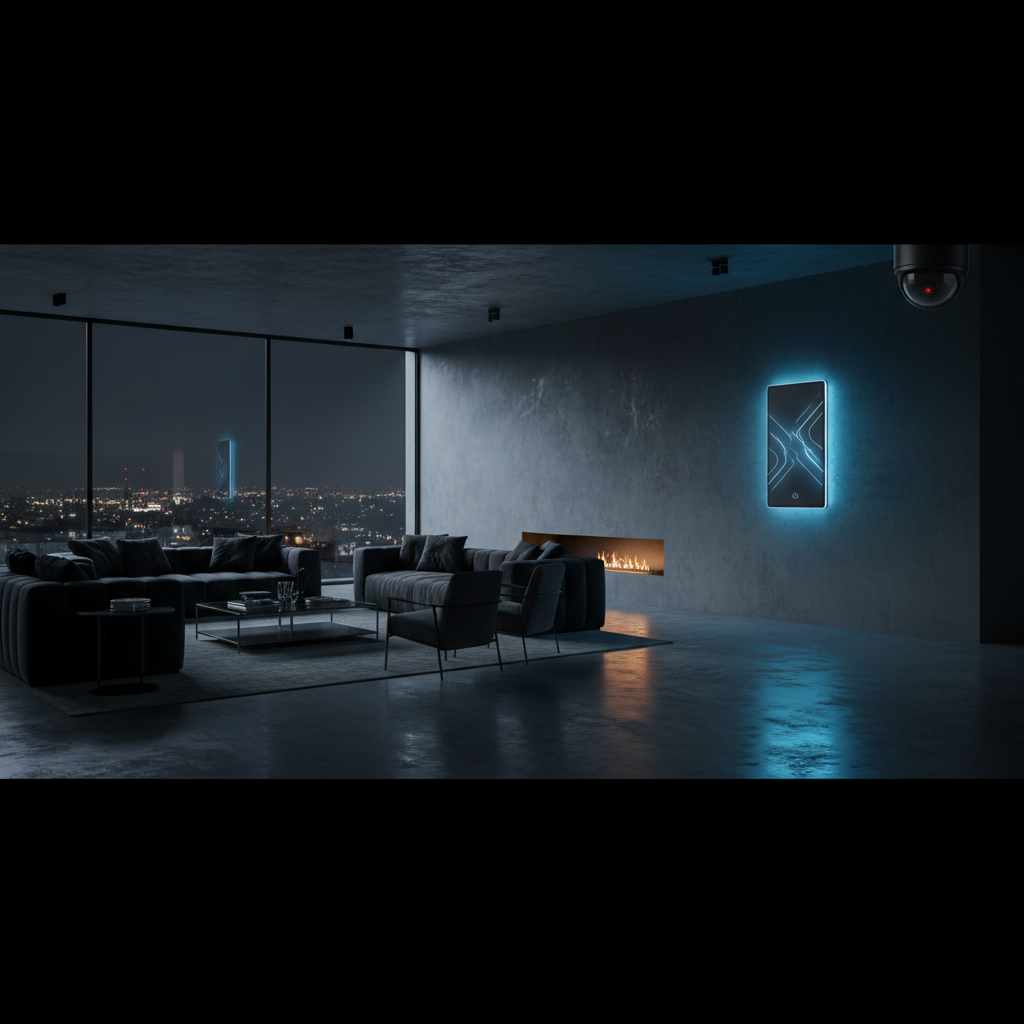 Luxury smart home security panel glowing in a darkened living room with CCTV camera visible in McAllen TX residence