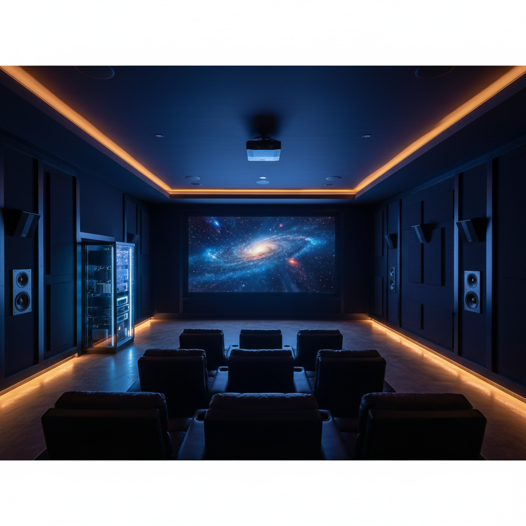 Dramatic full-bleed view of a luxury home theater room with surround sound and ambient lighting in McAllen, TX